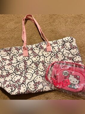 Hello Kitty Pink & White Canvas Tote with Matching Mini zipper Pouches